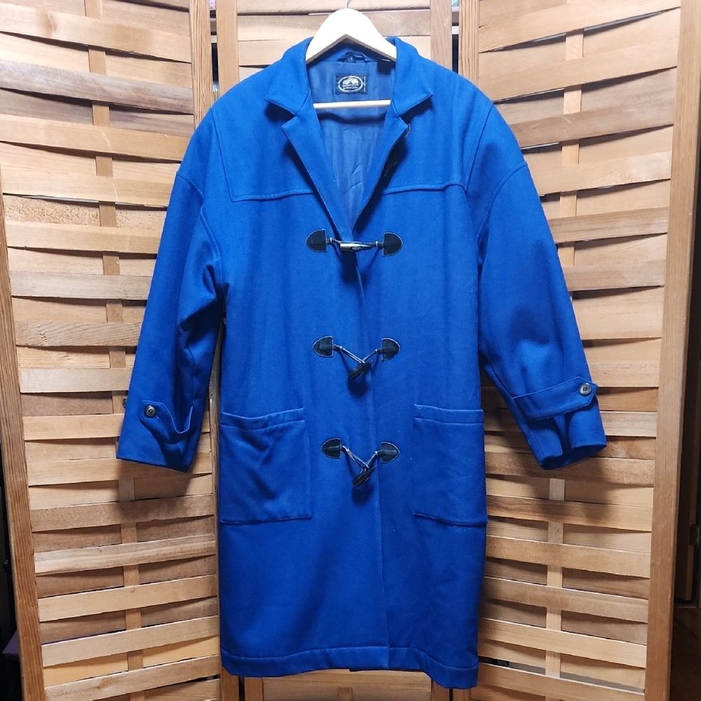 Vintage British Khaki Navy Blue Trench Coat Women L Wool Rayon Jacket Winter